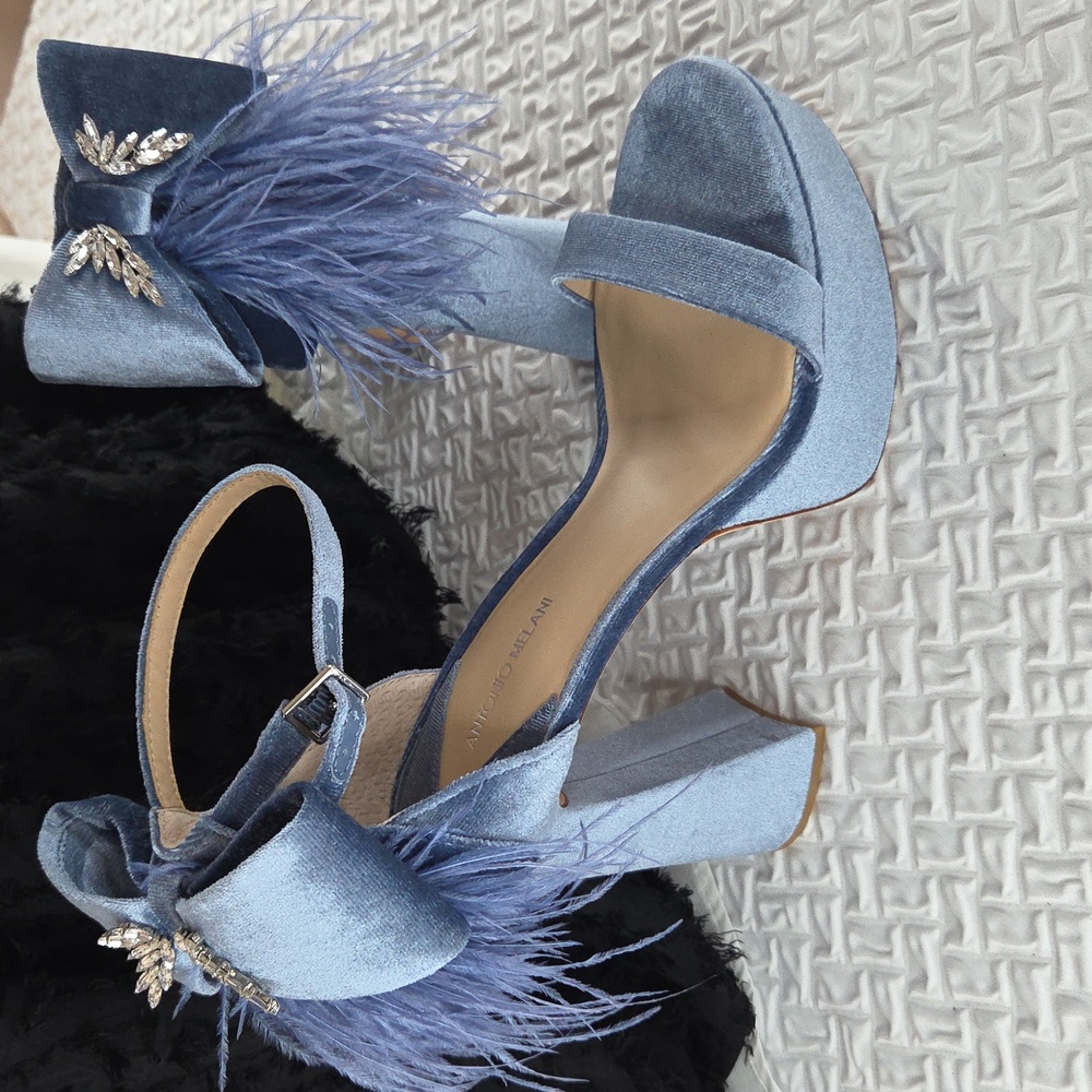 ANTONIO MELANI Blue Velvet Platform Heels with Feather Bow